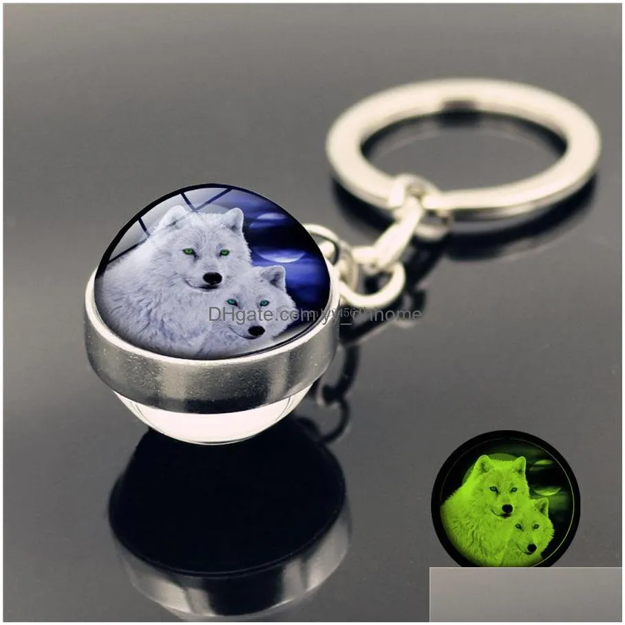 glass cabochon glow in the dark luminous keychain wolf keychain wolf keyring key holders bag hang fashion jewelry