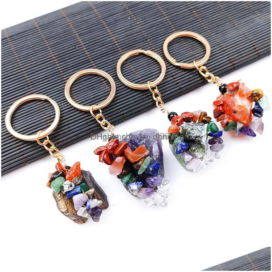 crafts rough raw gemstone natural stone key ring quartz amethyst tiger eye crystal keychain agate ore meditation pendant hangbag hangs decor fashion