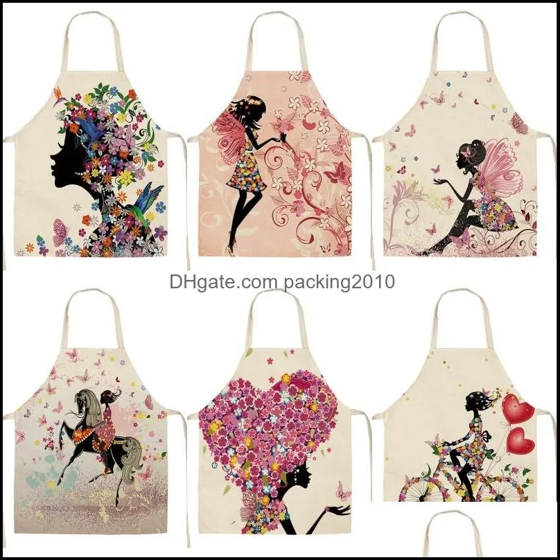 cotton linen apron women diy butterfly elves printed pinafores kitchen chef cooking cartoon lace up daidle fashion accessories new 8 5mya