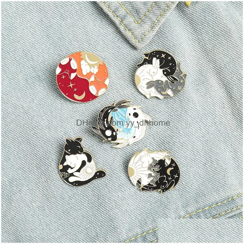 yinyang brooches pins round enamel animal hug cat dragon fox brooch lapel pin top bags badge for women men fashion jewelry