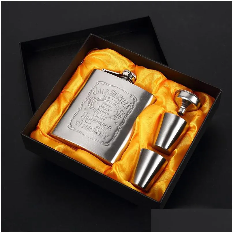 7oz portable hip flask bottle set stainless steel wine pot cup suit give glass funnel matte gray kit 11 9zp b2