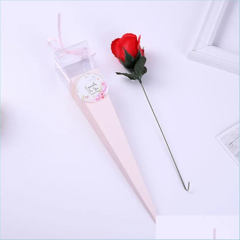 artificial rose gift favor valentine day single soap flowers organizer cones solid color ribbon carton wedding 1 9xy g2