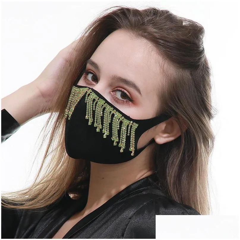 cotton cloth fashion face mask anti haze mouth respirator black protect reusable mascarilla men long tassels jewel breathable lady 16 5rg