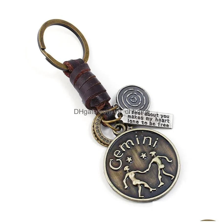 coin constell key ring 12 horoscope sign keychain leather weave retro bronze bag hangs holder rings for women men fashion jewelry