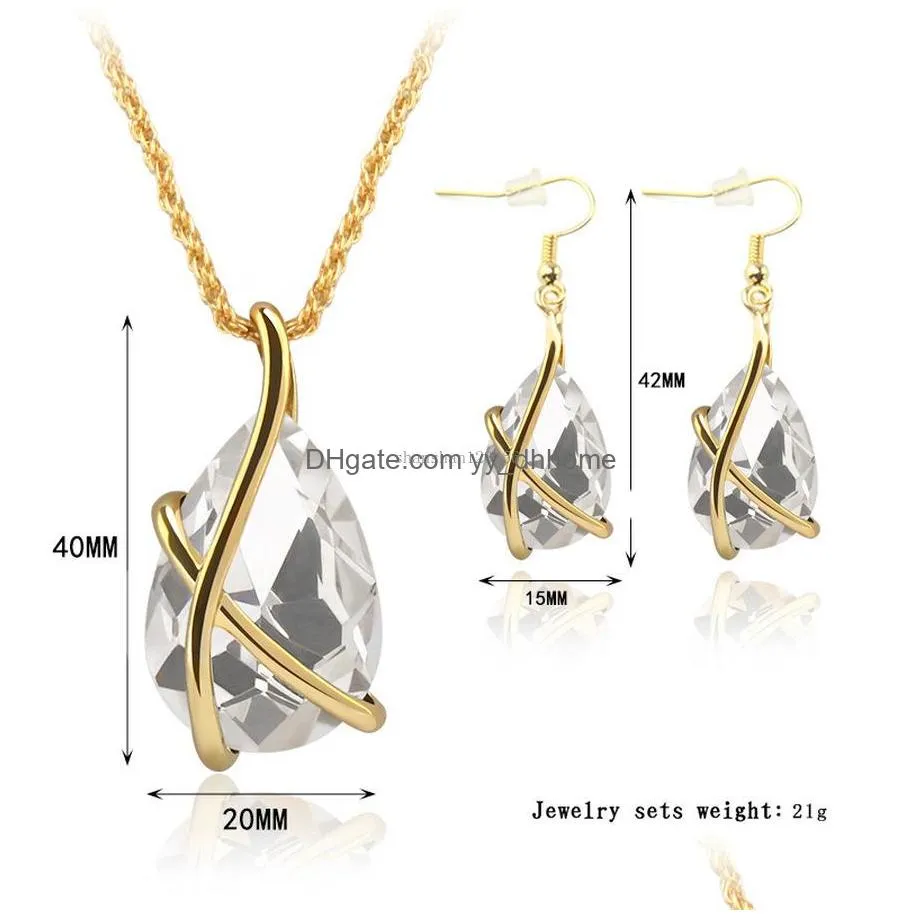 crystal water drop necklace earrings jewelry sets gold ear cuff pendant chains fashion wedding jewelry gift for women