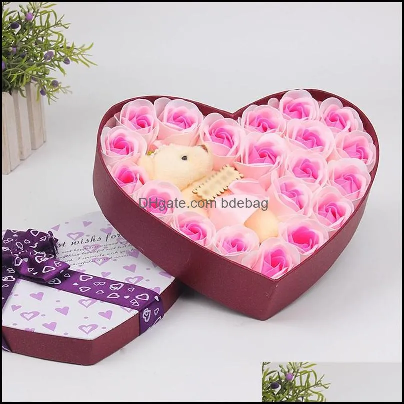 valentine teddy bear heart shaped artificial rose craft 20pcs girlfriend delicate color soap flower big bowknot gift box 8 5pg ww