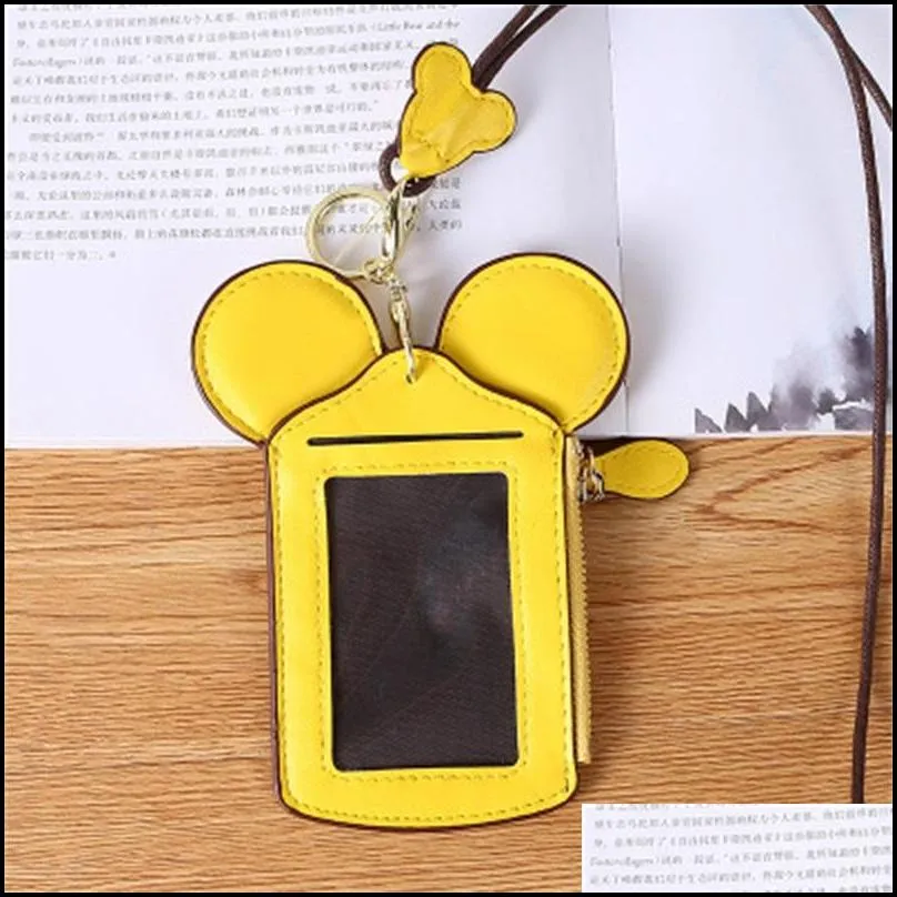 pu cartoon card bag mini ears id holders coin pusre sleeve bags bus id cards cover with lanyard party birthday gift 8qd h1