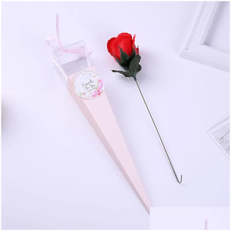 single rose gift box valentine day packing soap flower transparent cone diy paper case wedding silk ribbon bow solid color 1 9xy g2