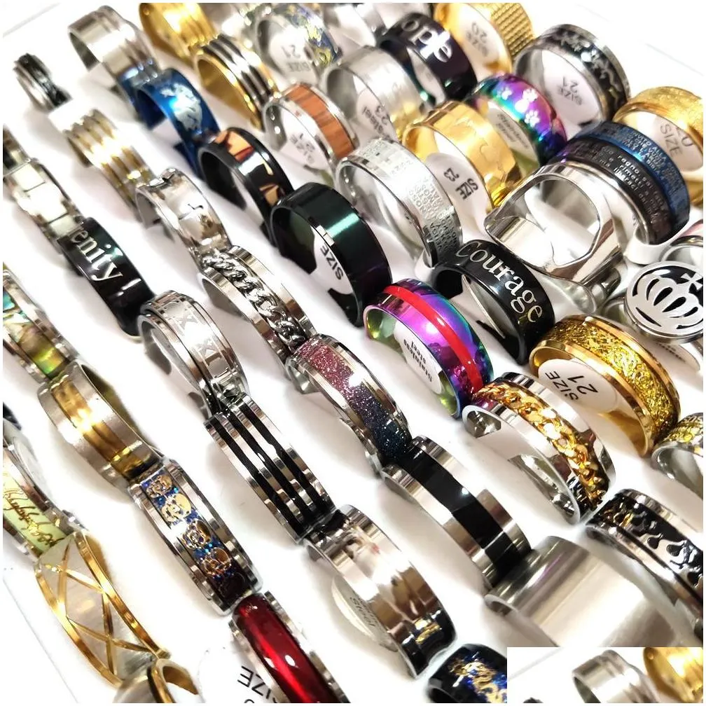 bulk lots 50pcs big size 19 20 21 22 23mm mens stainless steel band rings top mix fashion wholesale party jewelry