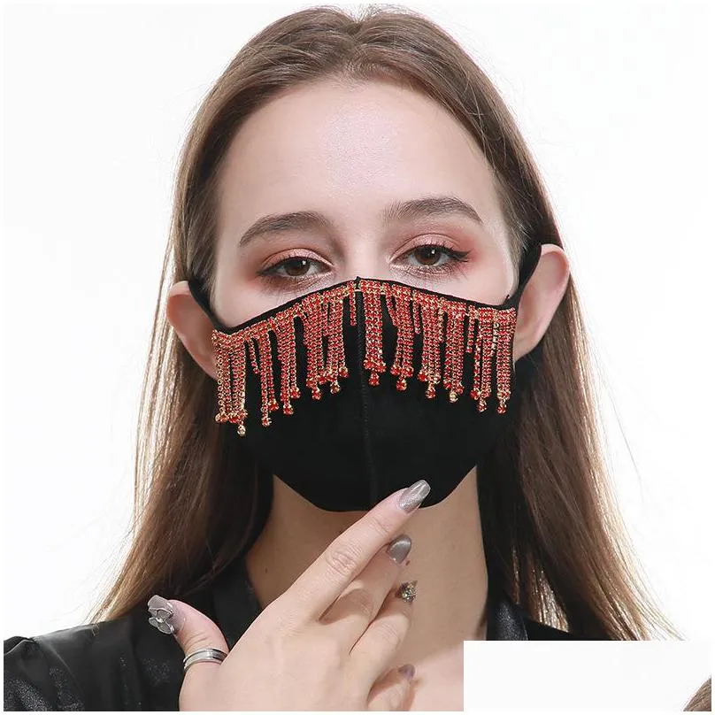 cotton cloth fashion face mask anti haze mouth respirator black protect reusable mascarilla men long tassels jewel breathable lady 16 5rg