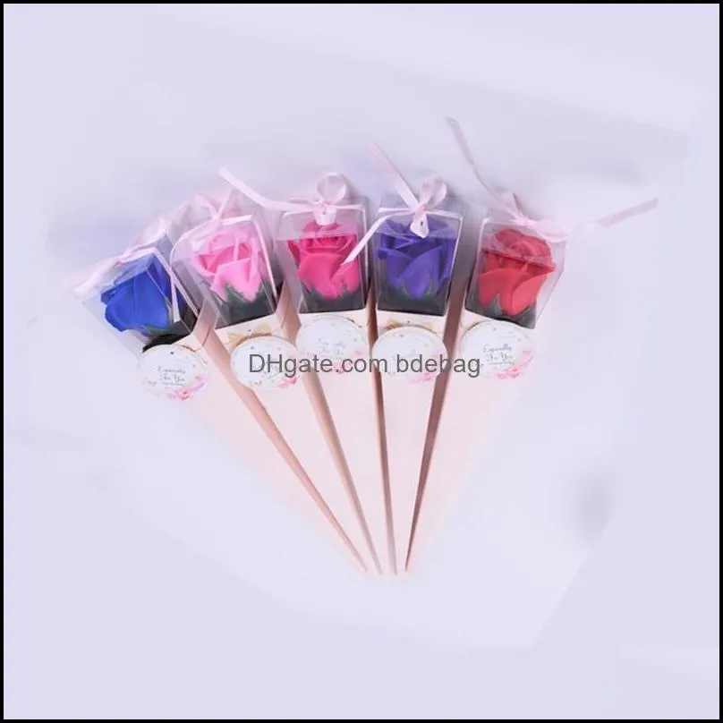 artificial rose gift favor valentine day single soap flowers organizer cones solid color ribbon carton wedding 1 9xy g2
