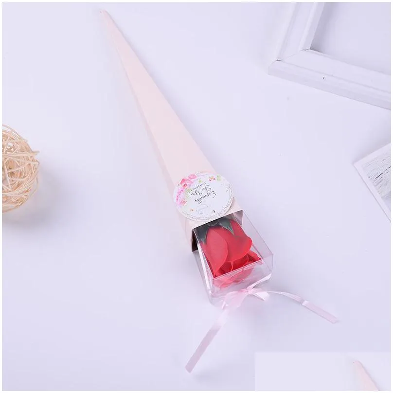 single rose gift box valentine day packing soap flower transparent cone diy paper case wedding silk ribbon bow solid color 1 9xy g2