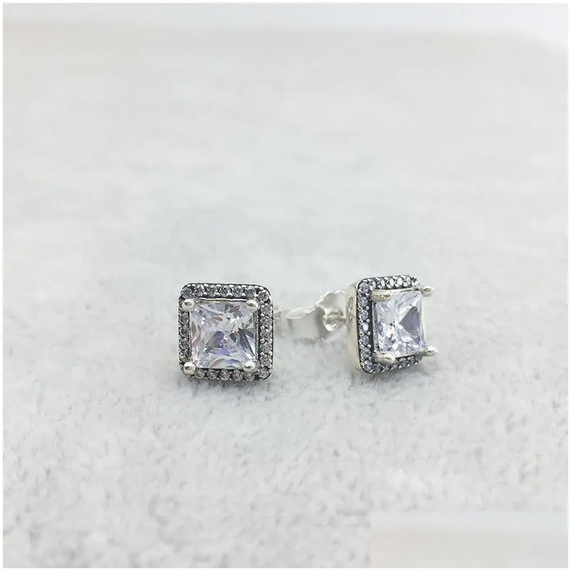 925 sterling silver square big cz diamond earring fit pandora jewelry gold rose gold plated stud earring women earrings