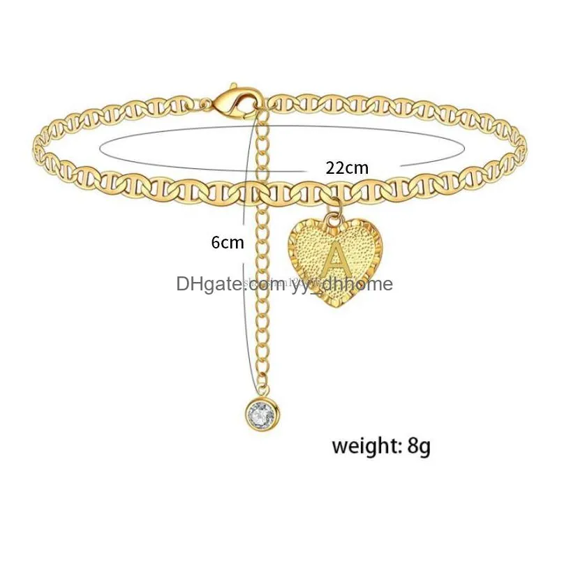 a z english initial heart anklet chain crystal gold chains heart charm foot chains bracelet women fashion jewelry gift