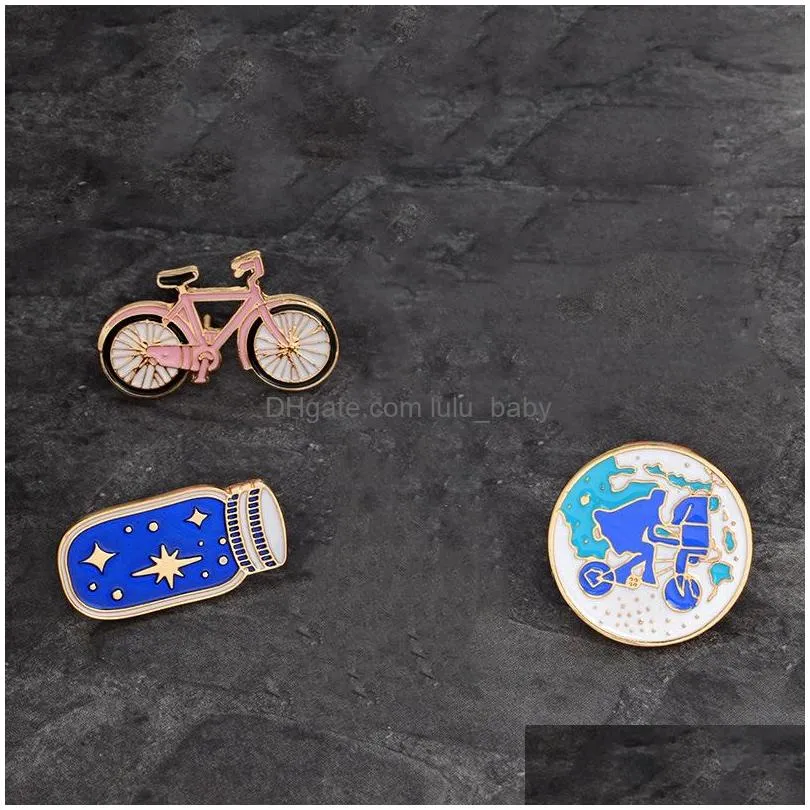 gold plated pink bike alloy brooches for boys girls cartoon creative personality jewelry enamel lapel pins funny wish bottle badges denim shirt gift bag