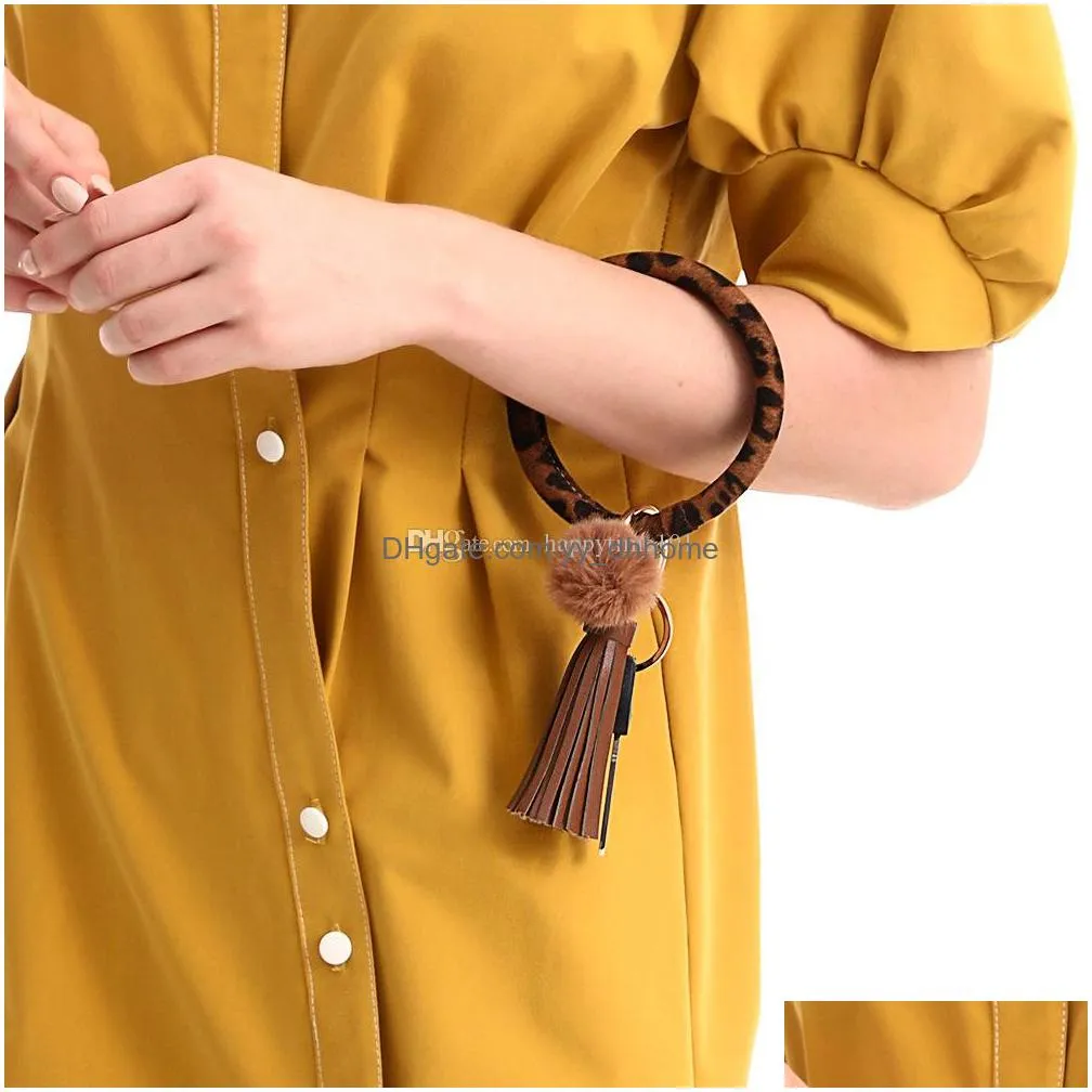 2 colors pu leather tassel bracelet bangle keychain keyring exaggerated circle wristlet keychain keyholder for women girl jewelry