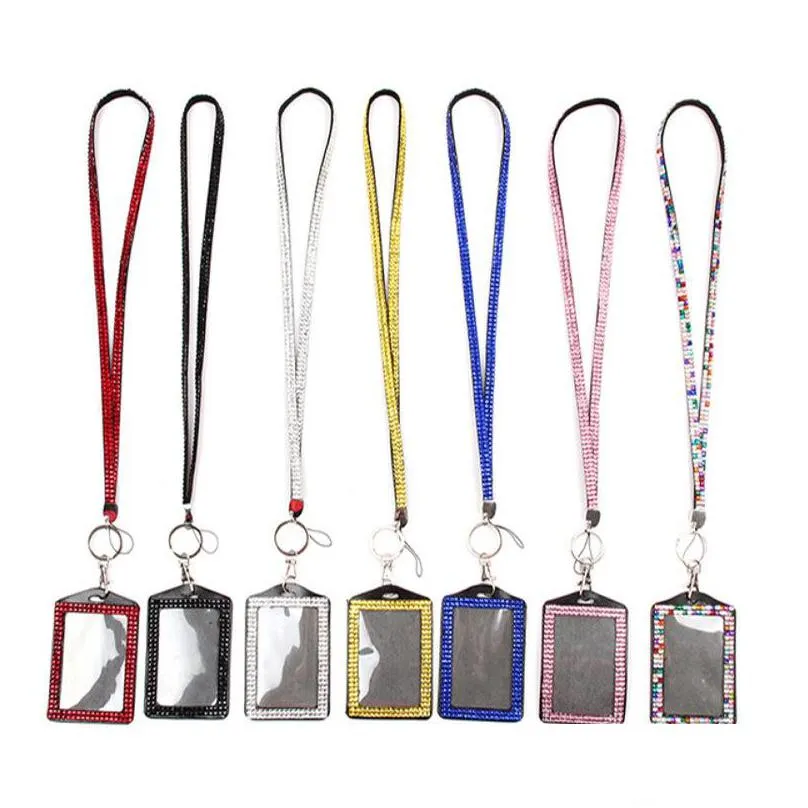 rhinestone crystal card id badge holder with lanyard rope bling vertical id business card case office papelaria supplies 934 b3