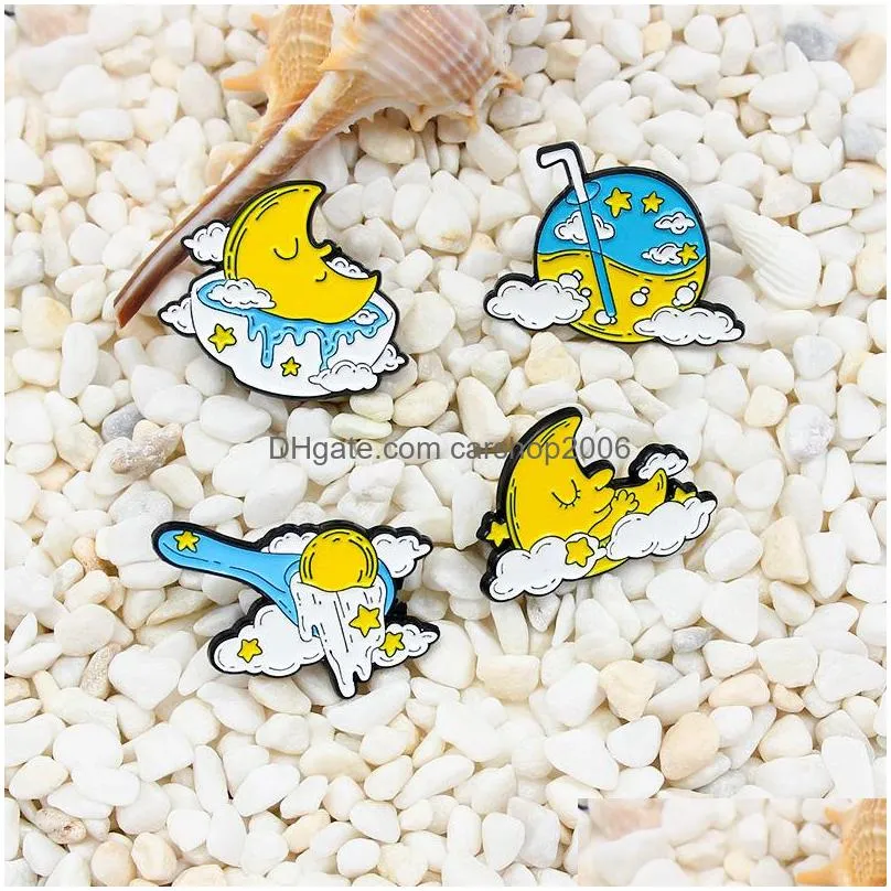 cartoon star moon pins 4pcs/set sleep brooches for women enamel pin jewelry cactus metal badges denim shirt bags small accessories