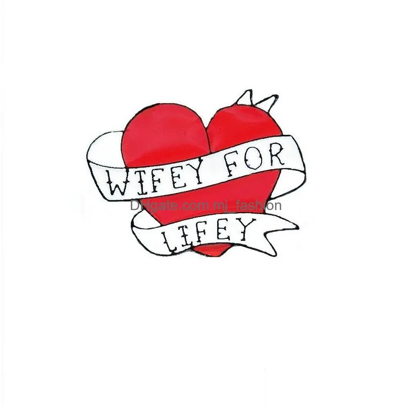 wifey for life brooch for women creative letter red love heart badges ribbon design denim shirts clothes shoes hats bags collar pins