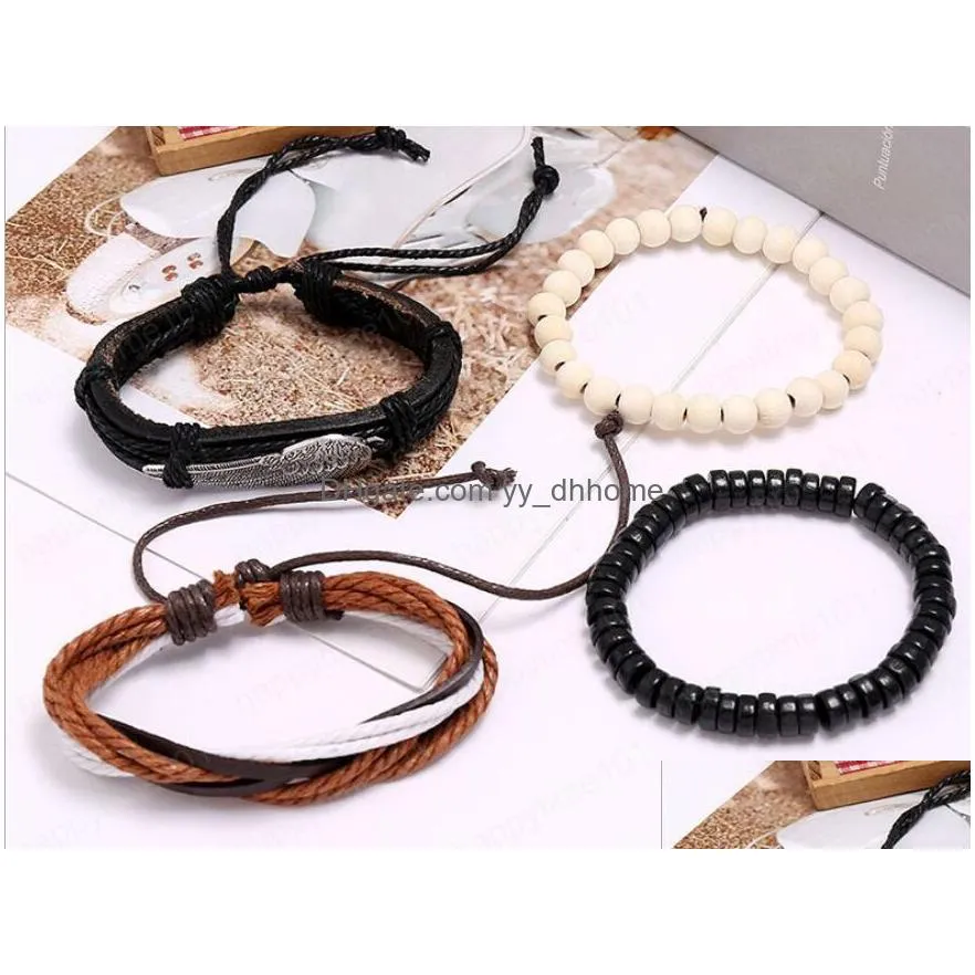 mans cowhide leather bracelet diy hand woven multilayer alloy wings wood bead combination suit bracelet size adjusted 4styles/1set