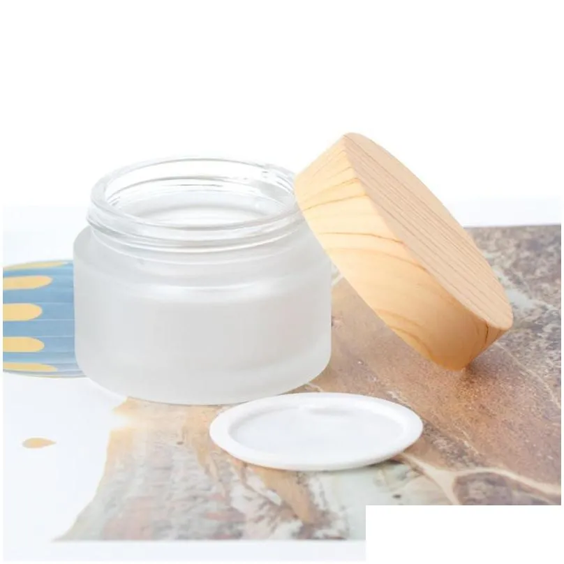 frosted glass jar skin care eye cream jars pot refillable bottle cosmetic container with wood grain lid 5g 10g 15g 30g 50g 102 j2