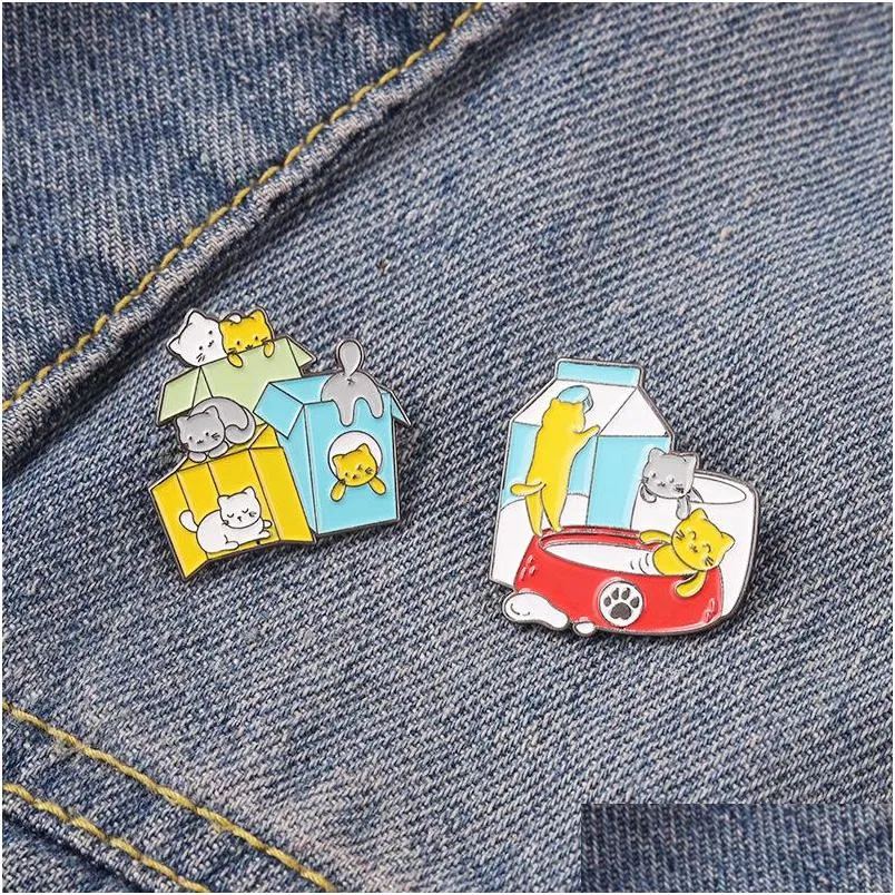 cartoon animal brooches for women cat with box pins brooch party metal painting enamel badge fashion creative jewelry gift accessories