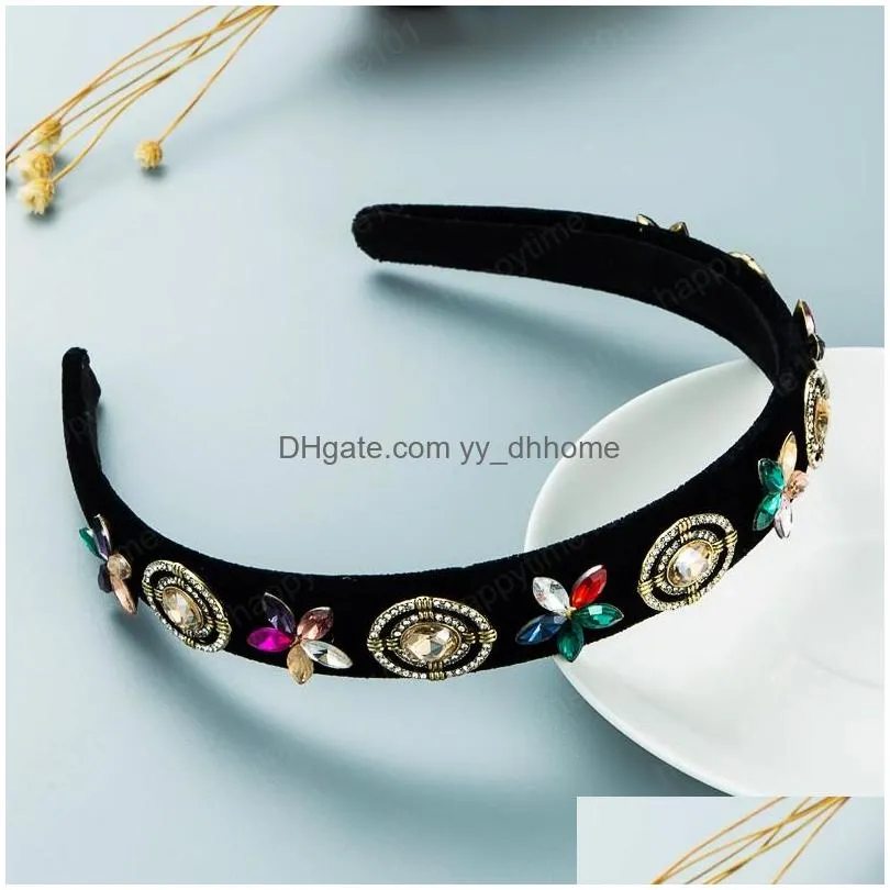 vintage colorful crystal flower headband luxury sparkly rhinestone beaded black velvet hairband girls jewelry