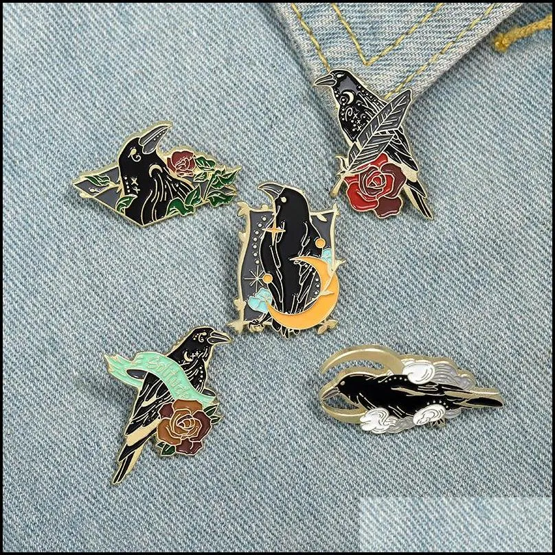 crow raven enamel pin custom bird feather brooches moon flowers bag lapel pin punk badge gothic jewelry gift for friends 6191 q2