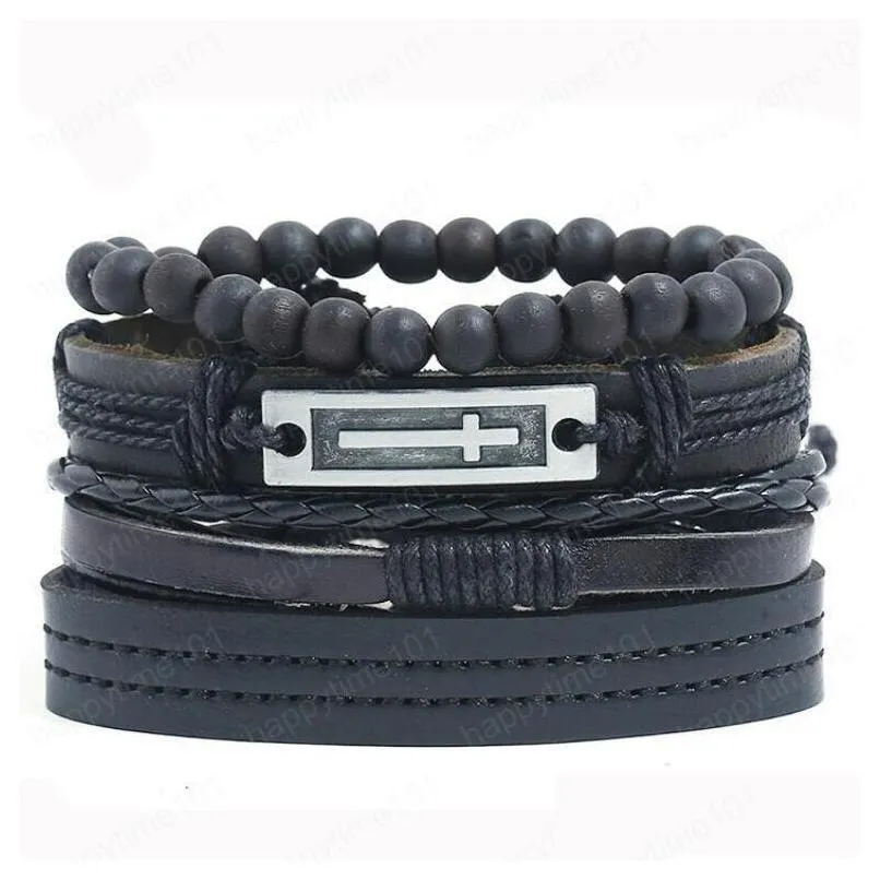 mens bracelet 100 genuine leather bracelet cross beading hemp rope simple and easy adjustable bracelet 4 styles 1 set