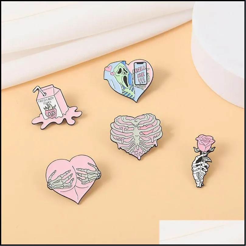 pink punk enamel brooch pins custom rib cage skeleton heart hug call me brooches lapel badges gothic fun jewelry gift for friends