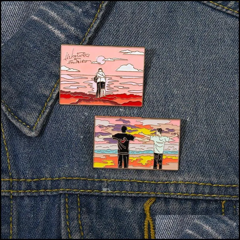 luxury enamel brooch pin rectangle sunset scenery two boys hugging pattern oil painting badge clothes jeans pins jewelry 3 5zb e3