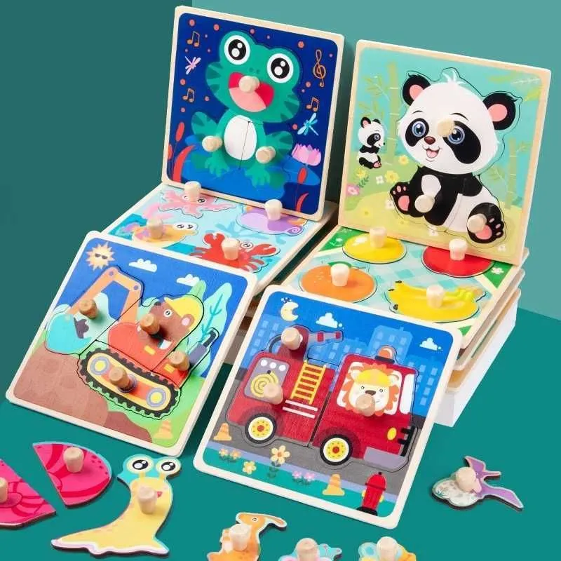 3D Wooden Puzzles Educational Cartoon Animals Early Learning Cognition Jigsaw Game For Children Toys