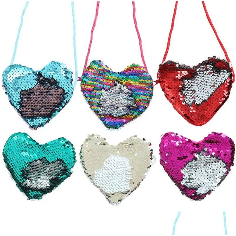 cute single shoulder diagonal heart shape bag with lanyard mermaid sequins small coin purses traveling girls storage bags 3sm e1