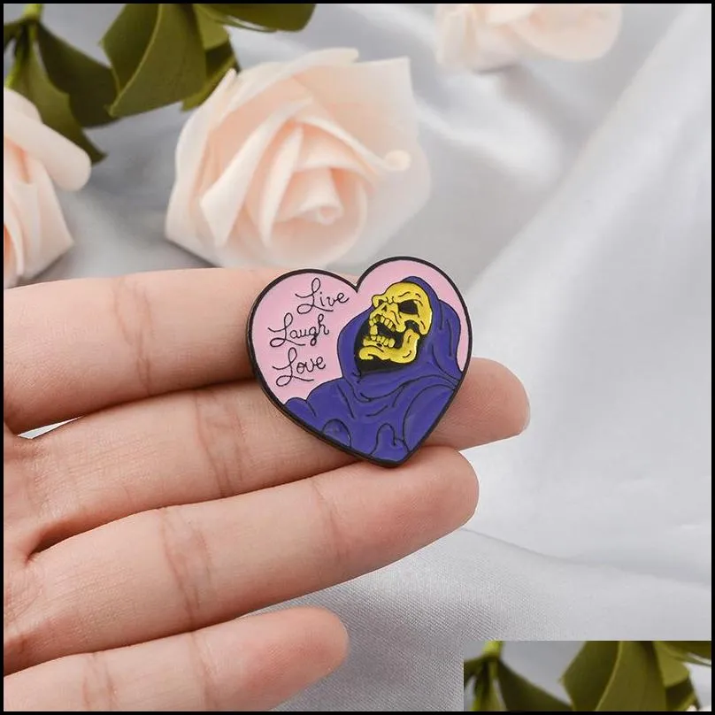 live laugh love enamel brooches pin heart shape skeleton badge brooches lapel pin for denim jeans shirt bag gothic jewelry gift for friend 1475