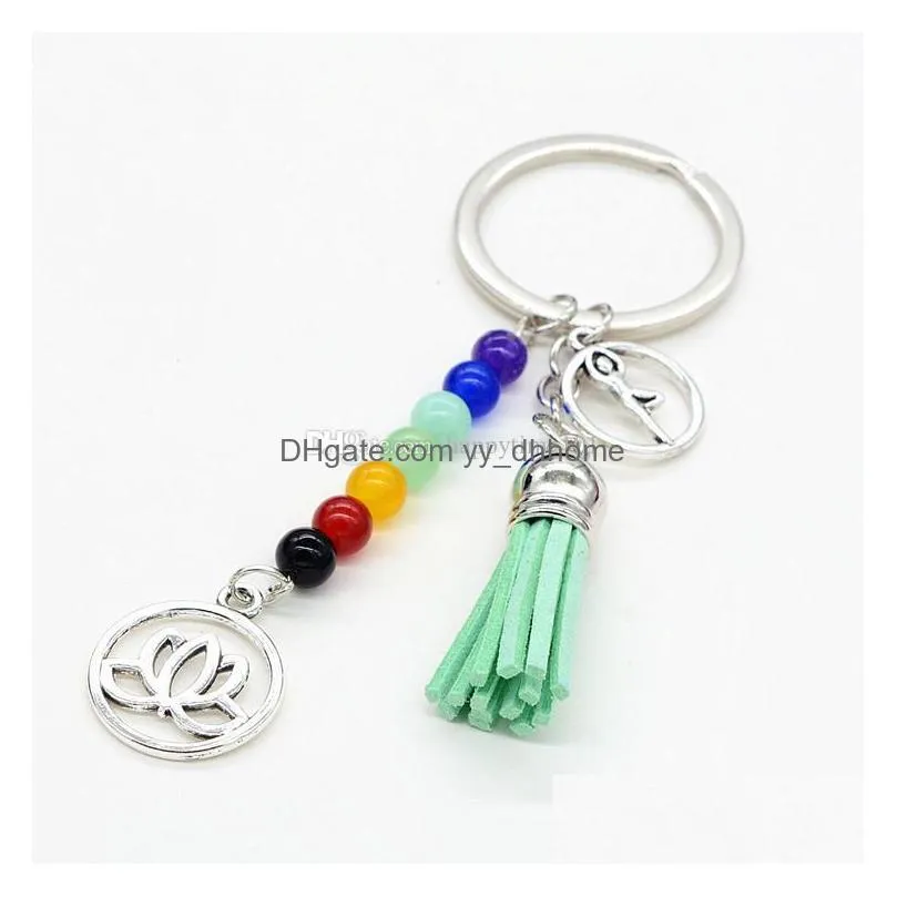 natural stone 7 chakra energy yoga fitness key chain keyring lotus tassel keychain key rings for women men