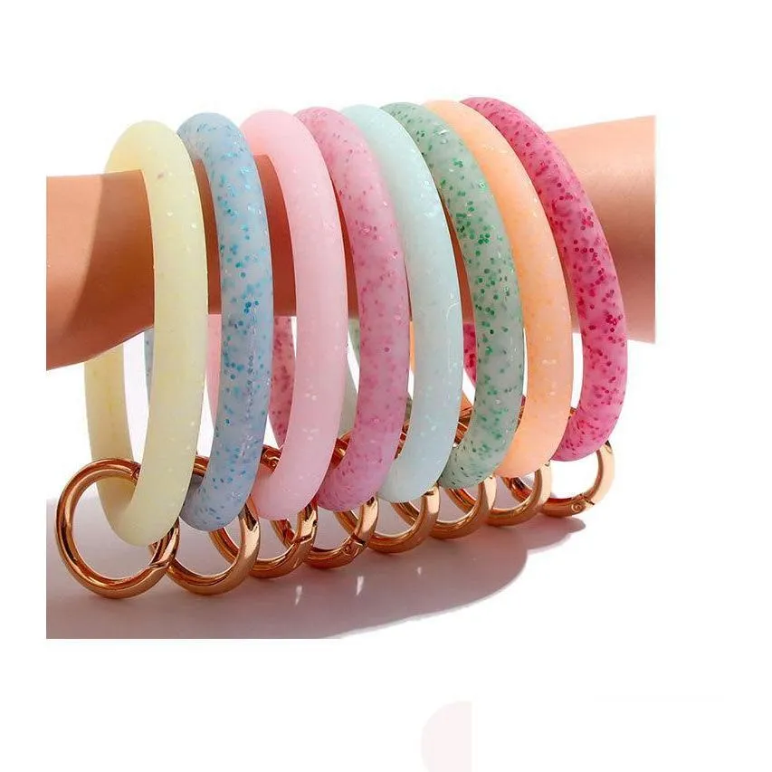 10 colors silicone wrist key ring fashion glitter bracelet sports keychain bracelets bangle round key rings large o keyring jewelry