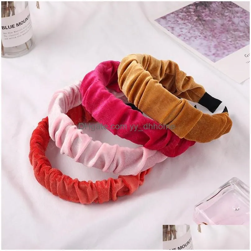 fashion velvet wide headband winter women girls pleated wave cloth hairband candy color soft elegant hair accessories