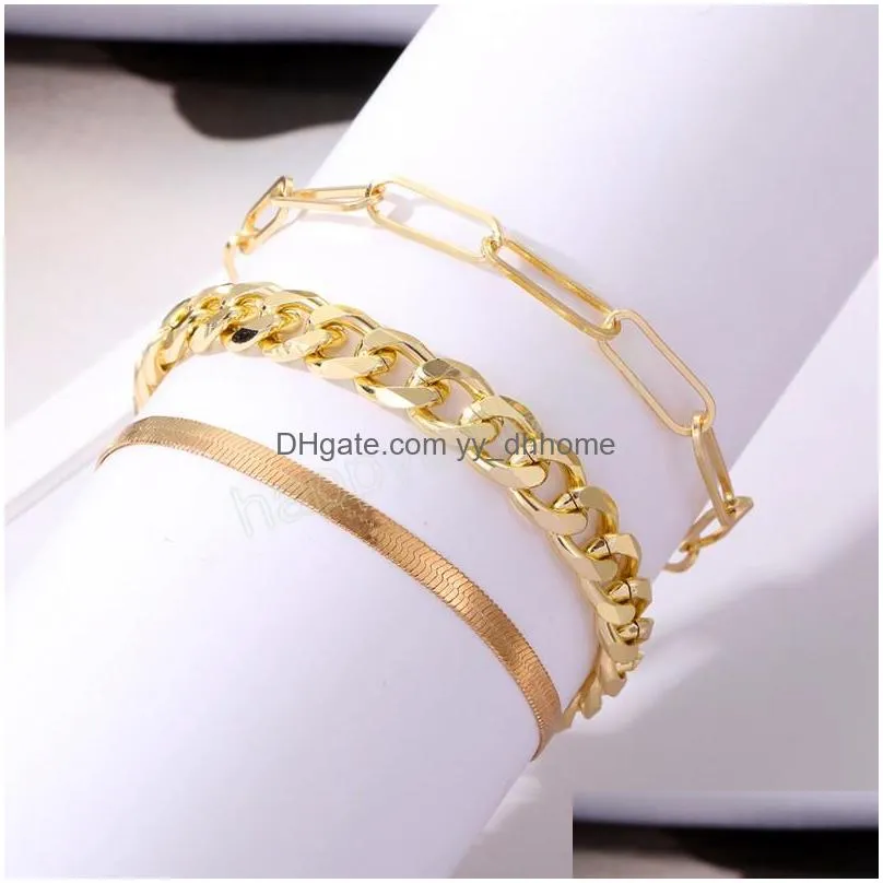 3pcs/set fashion thick chain link bracelet for women vintage snake chain gold silver color bangles bracelets set jewelry