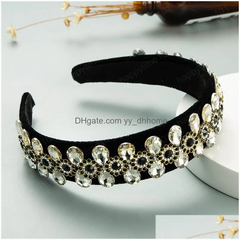colorful crystal flower headband vintage shiny rhinestone padded black velvet hairband female party headpieces