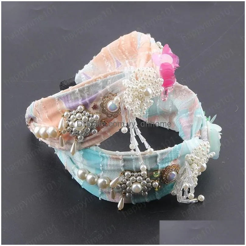 fashion color flower fabric silky crystal inlaid rhinestone flowers tassel headbands ladies travel hair accessories