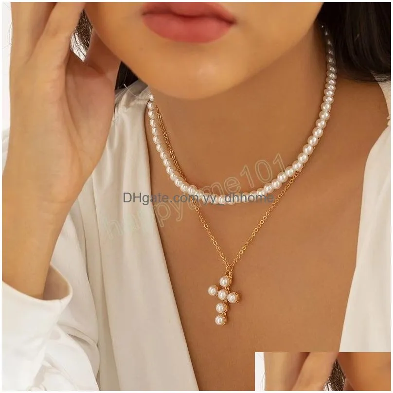 pearl cross jesus pendant necklace for women wed bridal elegant bead chain christian jewelry accessories