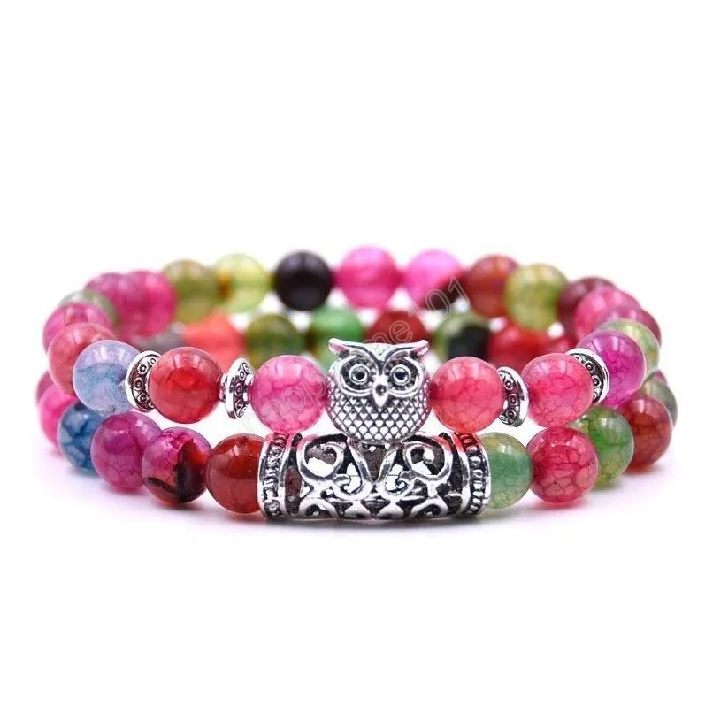 8mm colorful natural stone agate turquoise strands bracelet antique silver plated owl charm bracelets