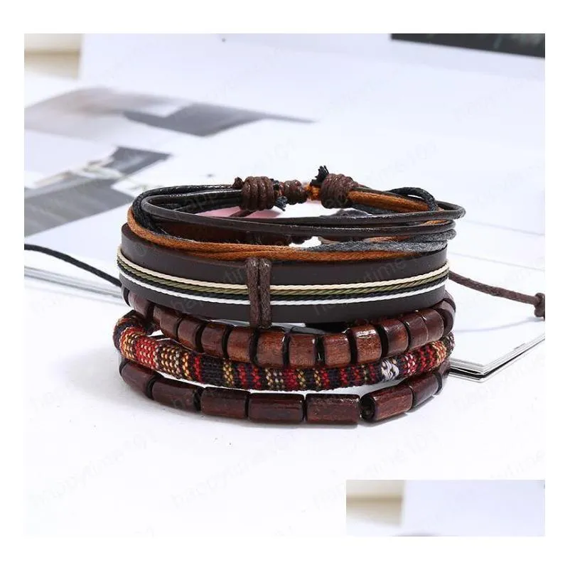 mans cowhide leather bracelet diy hand woven beading multilayer braid knitting combination suit bracelet size can be adjusted