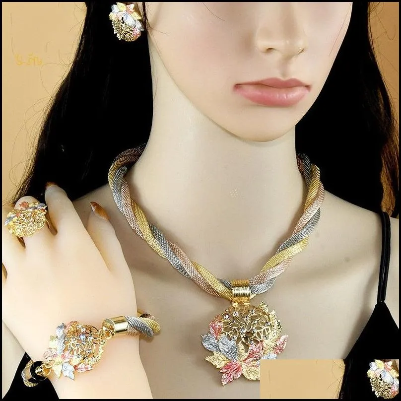 african dubai gold color leaves crystal necklace earrings ring bracelet jewelry sets for women bridal party set 2123 e3