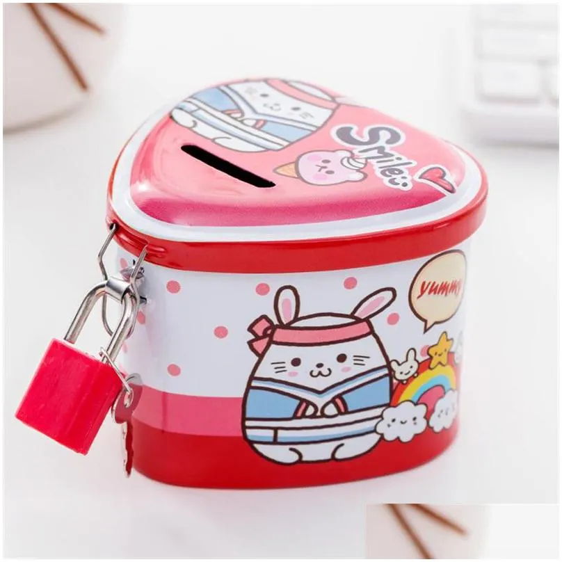 cartoon animals money box tinplate heart shaped piggy bank with lock coin collection for kids prizes 1 92hc e1