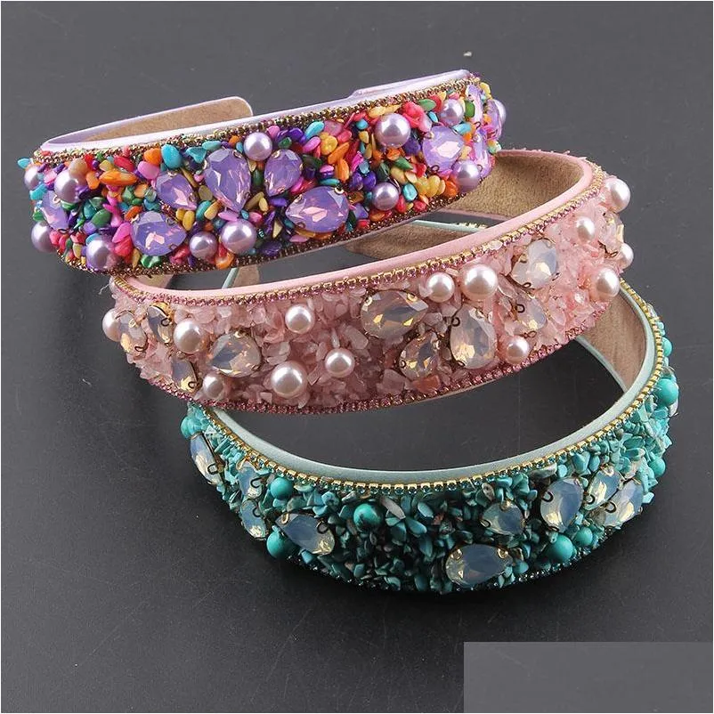 crossborder inlaid color rhinestone pearl particle headband ladies widesided hair accessories