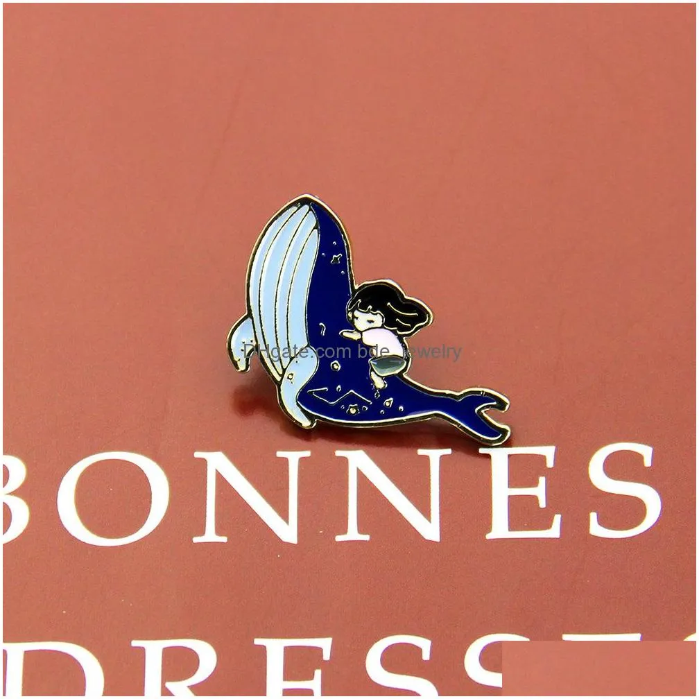 blue whale with girl brooch enamel pins for women creative gold plated animal brooches fashion gift jewelry cartoon badges backpack clothes denim shirt lapel