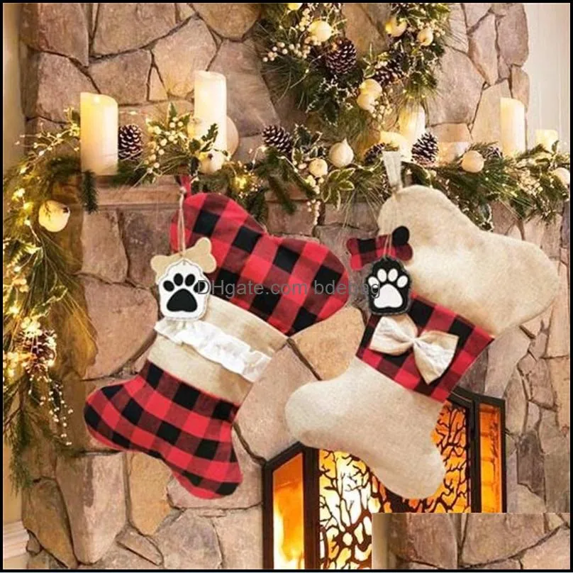 red christmas stocking ornaments plaid pattern falbala decoration outdoor bag fish bone shape personalized hanging figure bags 9 2xd