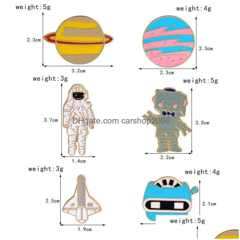 astronaut robot planet plane brooches set 6pcs gold plated enamel paint badges for girls alloy lapel pin denim shirt jewelry gift bag hat accessories collar