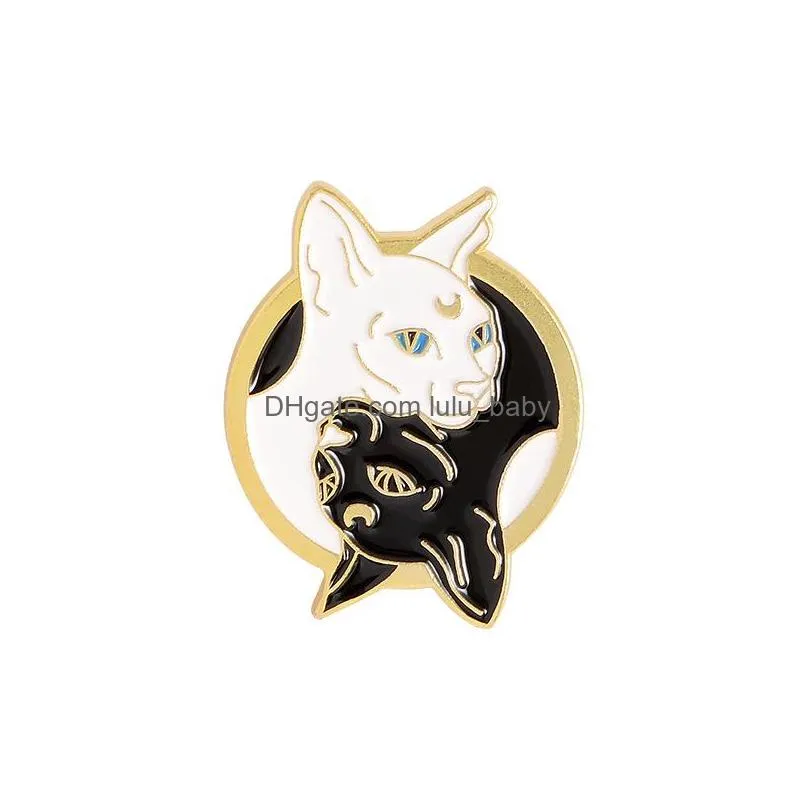 cartoon animal brooches for girls casual top quality paint black white cat pins fashion girl gold plated badge funny denim shirt collar pin clother